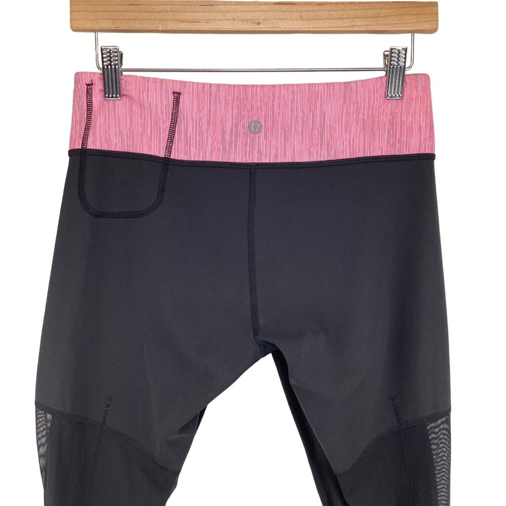 Lululemon‎ Crop Leggings Size 6 Womens Black & Pink Breathe Easy Capri Mesh Back - Picture 6 of 7